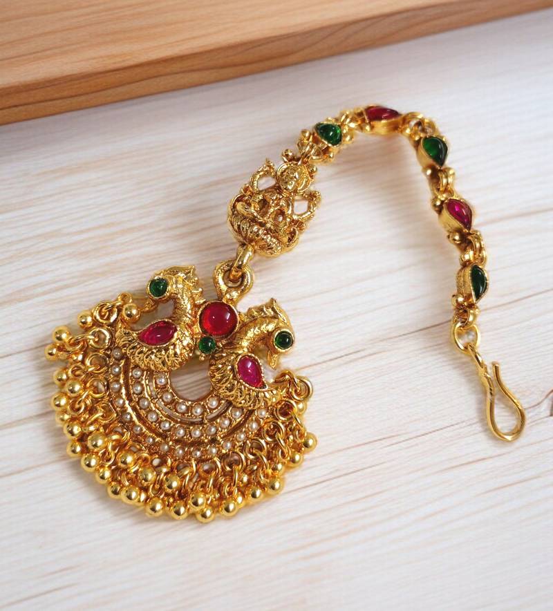 Gold plated maang tikka for women, antique finish south indian temple jewellery 