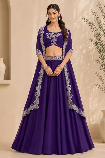 purple silk blend lehenga choli with sequins embroidery