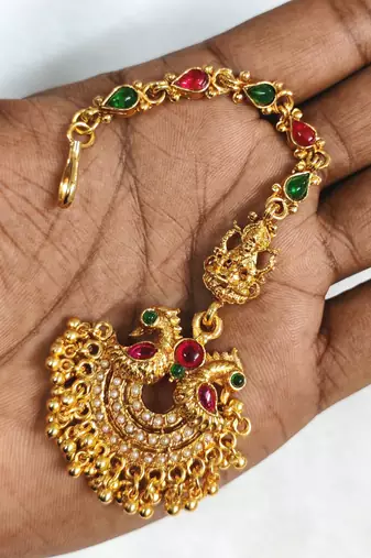 Gold plated maang tikka for women, antique finish south indian temple jewellery 