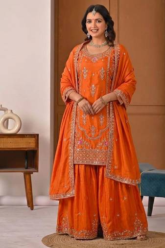 Orange crep silk  party wear embroidery  sharara suit set
