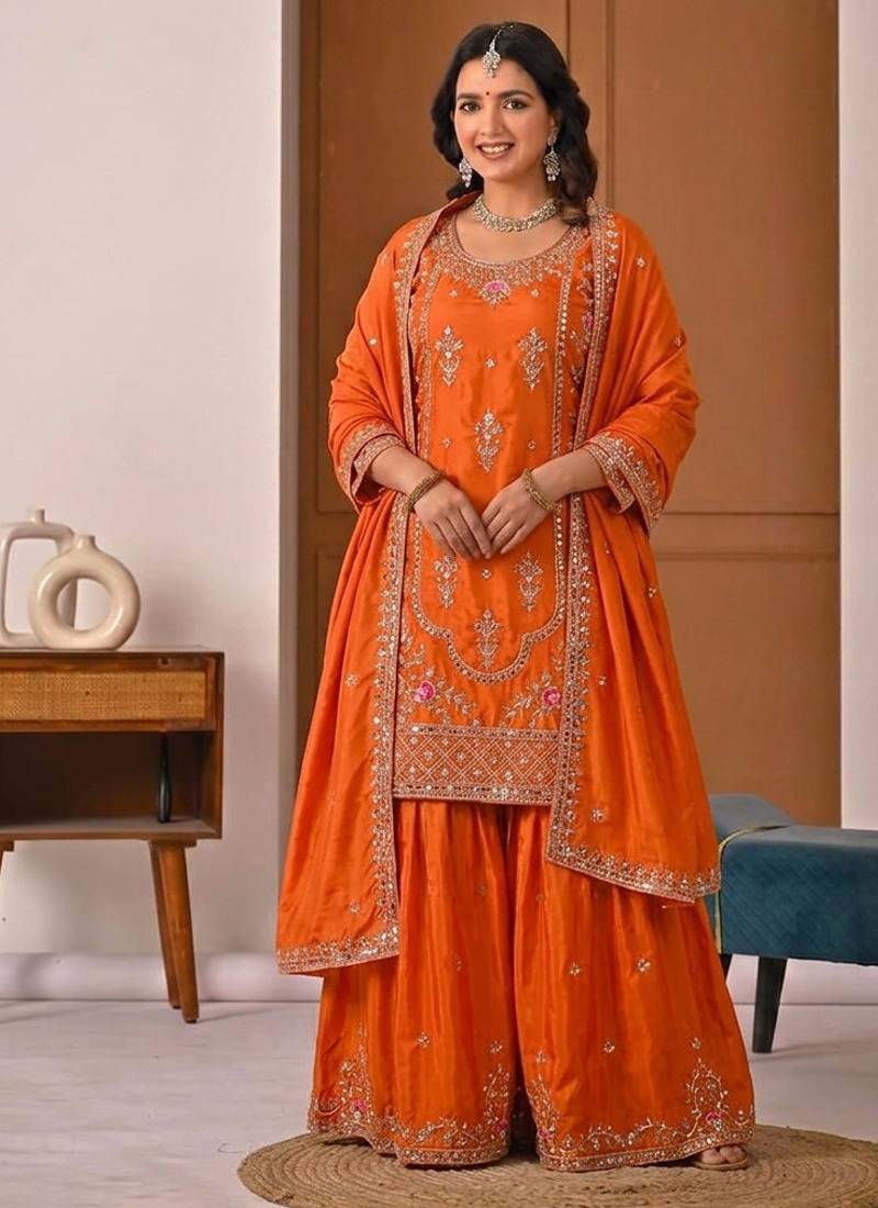 Orange crep silk  party wear embroidery  sharara suit set