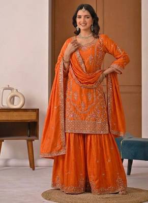 Orange crep silk  party wear embroidery  sharara suit set 2