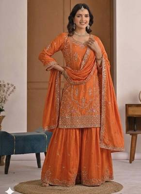 Orange crep silk  party wear embroidery  sharara suit set 3