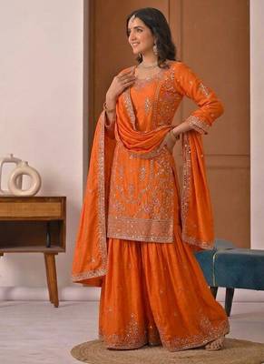 Orange crep silk  party wear embroidery  sharara suit set 4
