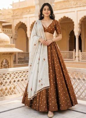 Vichitra silk, delicate thread embroidery brown and white designer lehenga choli set from Frill & Flare 1