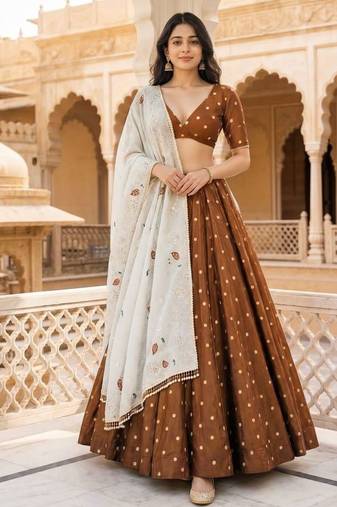 Vichitra silk, delicate thread embroidery brown and white designer lehenga choli set from Frill & Flare