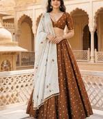 Vichitra silk, delicate thread embroidery brown and white designer lehenga choli set from Frill & Flare
