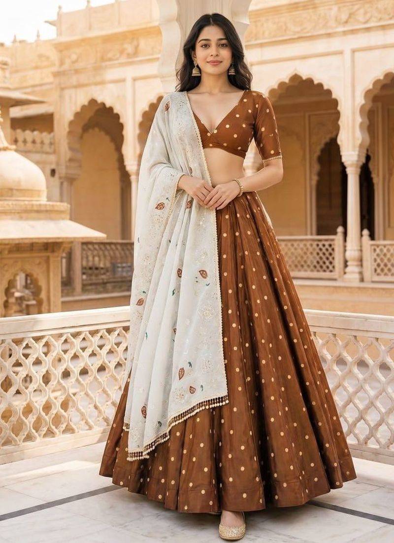 Vichitra silk, delicate thread embroidery brown and white designer lehenga choli set from Frill & Flare