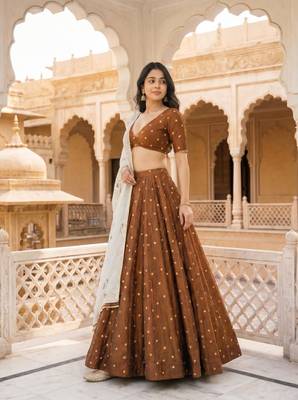 Vichitra silk, delicate thread embroidery brown and white designer lehenga choli set from Frill & Flare 2
