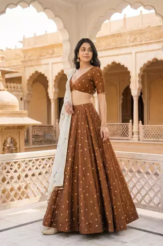 Vichitra silk, delicate thread embroidery brown and white designer lehenga choli set from Frill & Flare