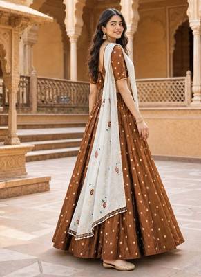 Vichitra silk, delicate thread embroidery brown and white designer lehenga choli set from Frill & Flare 3