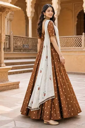 Vichitra silk, delicate thread embroidery brown and white designer lehenga choli set from Frill & Flare