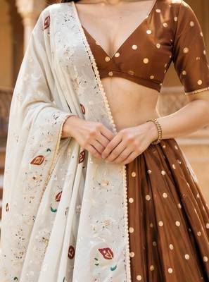 Vichitra silk, delicate thread embroidery brown and white designer lehenga choli set from Frill & Flare 4