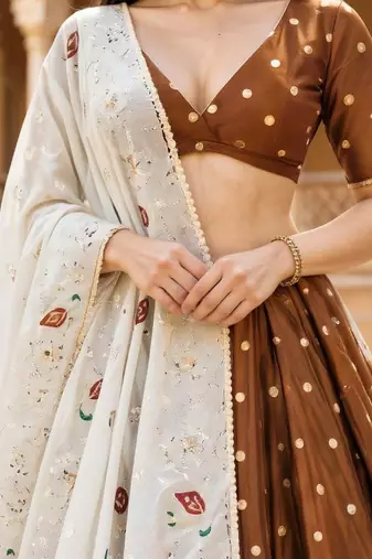 Vichitra silk, delicate thread embroidery brown and white designer lehenga choli set from Frill & Flare