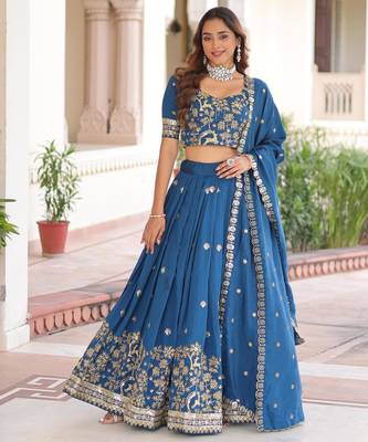 Vichitra Blue Silk Sequins Lehenga Choli Set 1