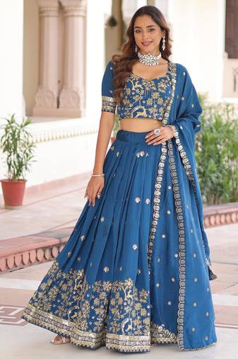 Vichitra Blue Silk Sequins Lehenga Choli Set