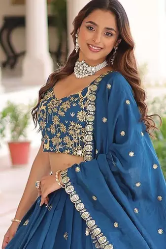 Vichitra Blue Silk Sequins Lehenga Choli Set