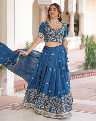 Vichitra Blue Silk Sequins Lehenga Choli Set 3