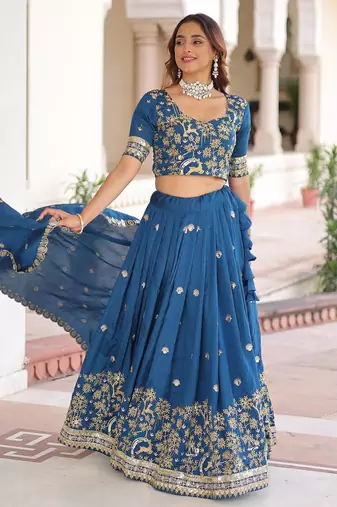 Vichitra Blue Silk Sequins Lehenga Choli Set