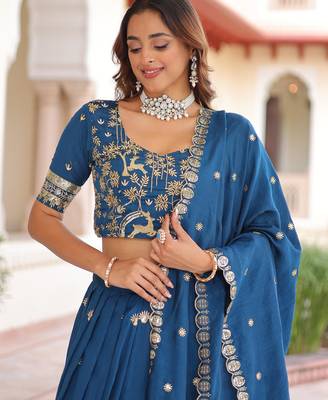 Vichitra Blue Silk Sequins Lehenga Choli Set 4