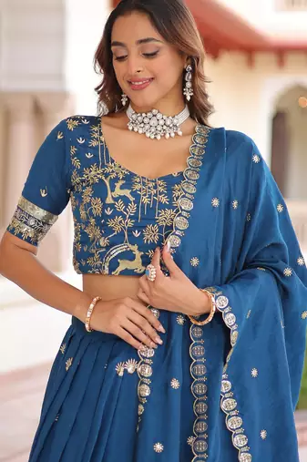 Vichitra Blue Silk Sequins Lehenga Choli Set