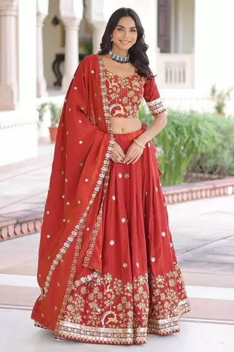 Vichitra Rust Orange Silk Sequins Lehenga Choli Set