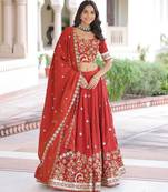 Vichitra Rust Orange Silk Sequins Lehenga Choli Set