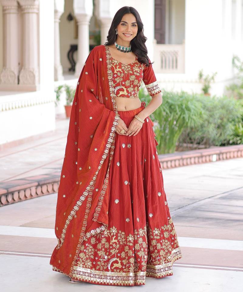 Vichitra Rust Orange Silk Sequins Lehenga Choli Set