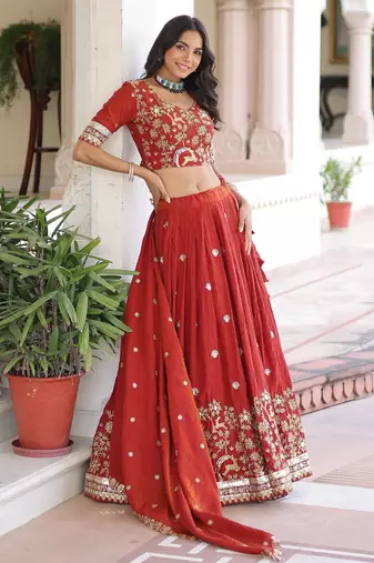Vichitra Rust Orange Silk Sequins Lehenga Choli Set