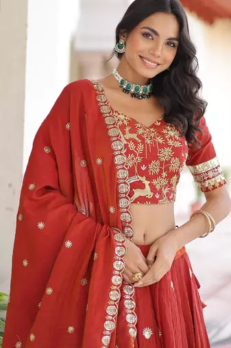 Vichitra Rust Orange Silk Sequins Lehenga Choli Set