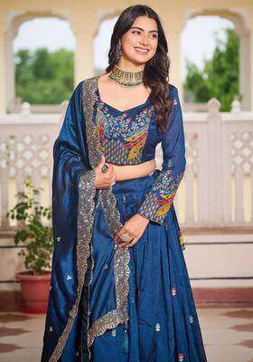 Blue Vichitra silk lehenga choli set featuring heavy peacock embroidery and sequins work-free size 4