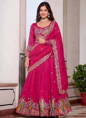 Rani Pink Vichitra silk lehenga choli set featuring heavy peacock embroidery and sequins work 1