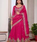 Rani Pink Vichitra silk lehenga choli set featuring heavy peacock embroidery and sequins work