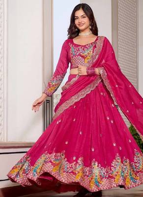 Rani Pink Vichitra silk lehenga choli set featuring heavy peacock embroidery and sequins work 2