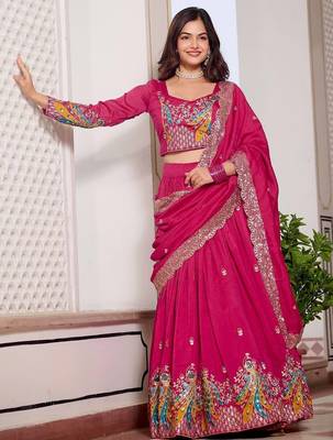 Rani Pink Vichitra silk lehenga choli set featuring heavy peacock embroidery and sequins work 3
