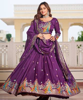 Purple Vichitra silk lehenga choli set featuring heavy peacock embroidery and sequins work 2