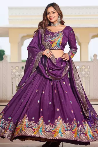 Purple Vichitra silk lehenga choli set featuring heavy peacock embroidery and sequins work