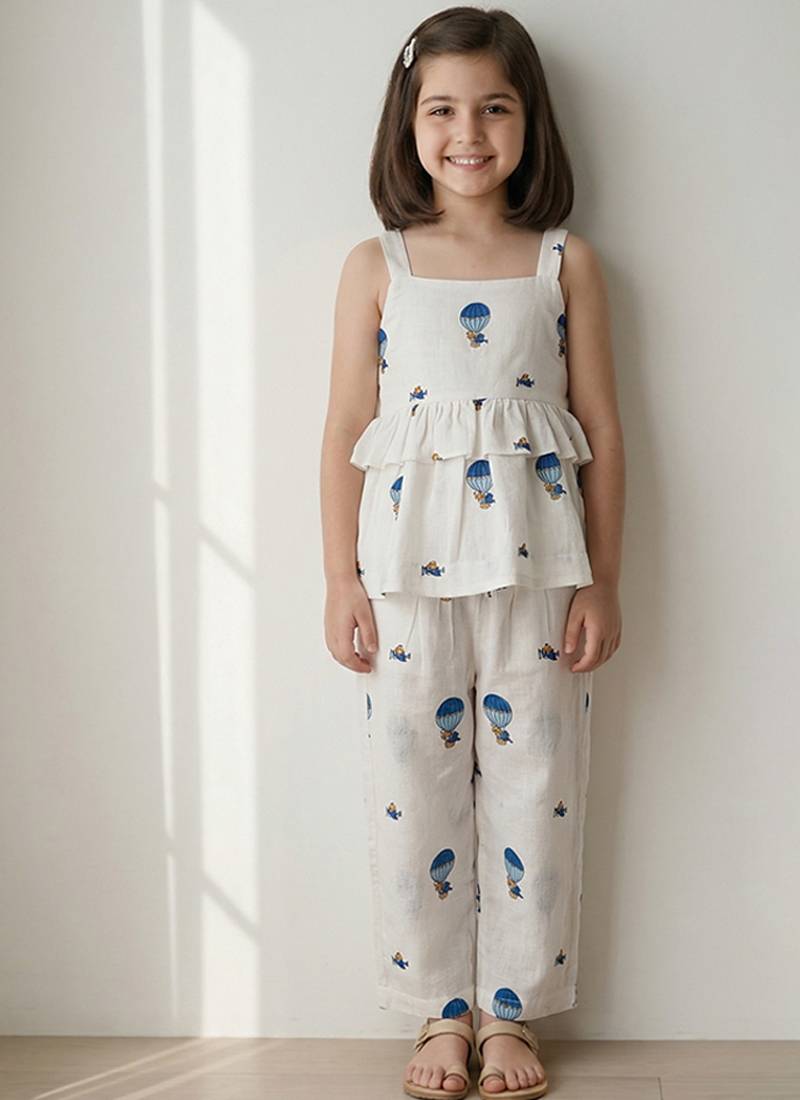 White air balloon printed cotton co ord set
