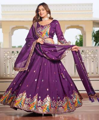 Purple Vichitra silk lehenga choli set featuring heavy peacock embroidery and sequins work 3