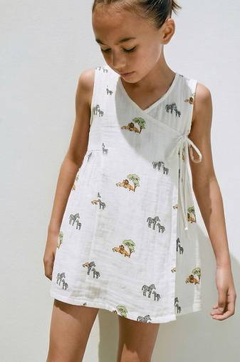 White jungle safari printed cotton angrakha dress