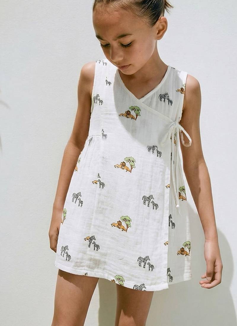 White jungle safari printed cotton angrakha dress