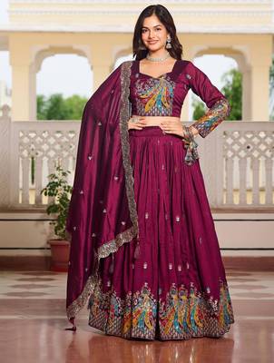 Magenta Vichitra silk lehenga choli set featuring heavy peacock embroidery and sequins work 1