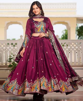 Magenta Vichitra silk lehenga choli set featuring heavy peacock embroidery and sequins work 2