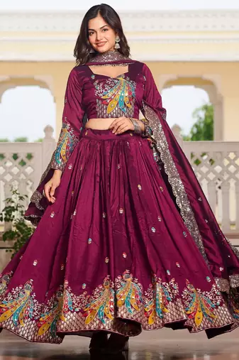 Magenta Vichitra silk lehenga choli set featuring heavy peacock embroidery and sequins work