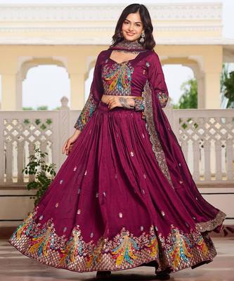 Magenta Vichitra silk lehenga choli set featuring heavy peacock embroidery and sequins work 3