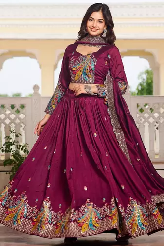 Magenta Vichitra silk lehenga choli set featuring heavy peacock embroidery and sequins work