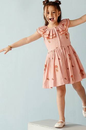 Peach printed ruffle collar cotton dress