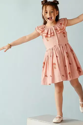 Peach printed ruffle collar cotton dress