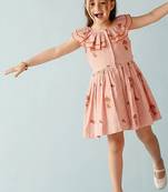 Peach printed ruffle collar cotton dress
