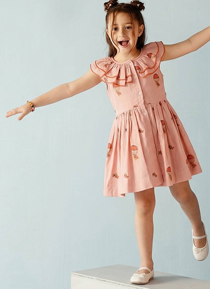 Peach printed ruffle collar cotton dress